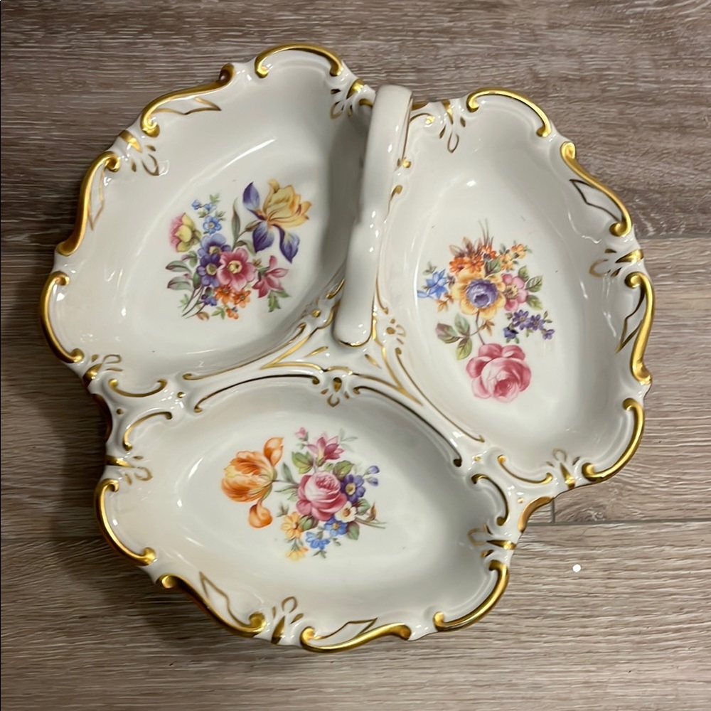 Vintage German Gold embellished Porcelain Trefoil Serving Dish